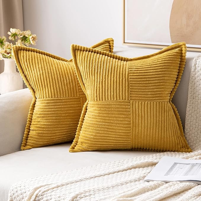 MIULEE Mustard Yellow Corduroy Decorative Euro Sham Pillow Covers 24x24 Inch with Splicing Set of 2 Soft Boho Pillow Covers Broadside Textured Summer Pillowcases for Couch Bed Livingroom