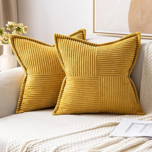 MIULEE Decorative Throw Pillow Covers for Couch Bed Livingroom 20x20 Inch Set of 2 Fall Mustard Yellow Boho Accent Throw Pllows Broadside Striped Patchwork Soft Corduroy Pillowcases