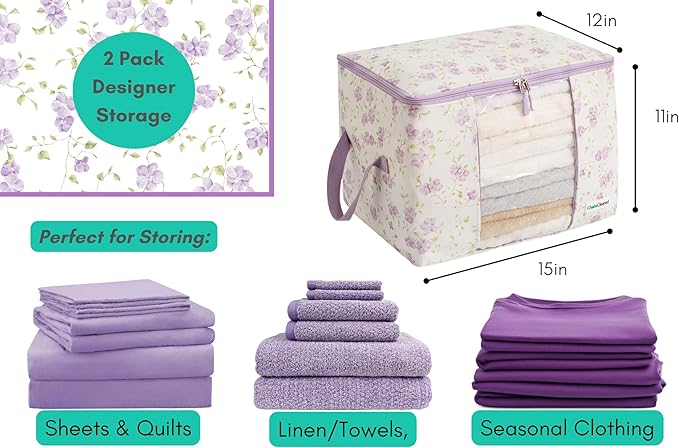 Canvas Storage Bags 2 Pack Designer Organizer bags for Clothes, sweaters, clothing, garments, quilt, linens, large folding organizers with zip & window, moth proof space saver Purple floral Print