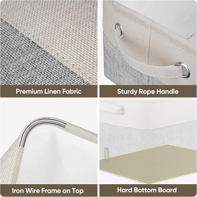 BALEINE 3 Pack Fabric Storage Bins for Shelves, Linen Storage Baskets for Organizing, Decorative Closet Bins for Clothes, Home (Grey, 12"x8"x8")
