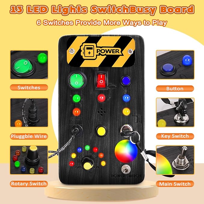 Busy Board Montessori Toys for Toddler, Wooden Sensory Board Switch Toy with Color-Changing LED Light Up Travel Toys Educational Plane Travel Activity for 1-6 Year Old Girls & Boys Gifts