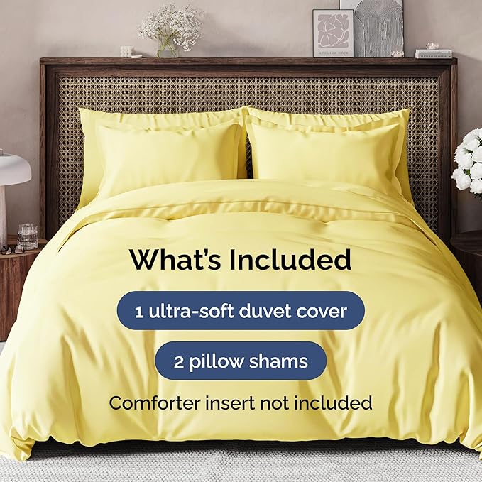Duvet Cover Cal King Size Set - Extra Soft Cal King Size Duvet Cover 104 x 98 with 2 Pillow Shams - Hotel Luxury Easy Care & Fade Free w/Zipper Closures & Ties - Comfy Breathable Bedding Set (Yellow)