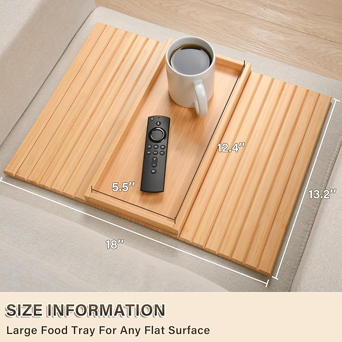 Bamboo Sofa Arm Tray, Anti-Dropping Couch Arm Tray, Foldable Sofa Armrest Tray Couch Arm Table for Eats, Drinks, Snacks, Remote, Cellphone, Cup Holder, Back Anti-Slip Pad Design