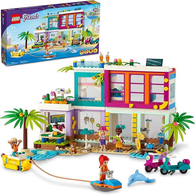 LEGO Friends Vacation Beach House 41709 Building Kit; Gift for Kids Aged 7+; Includes a Mia Mini-Doll, Plus 3 More Characters and 2 Animal Figures to Spark Hours of Imaginative Role Play (686 Pieces)