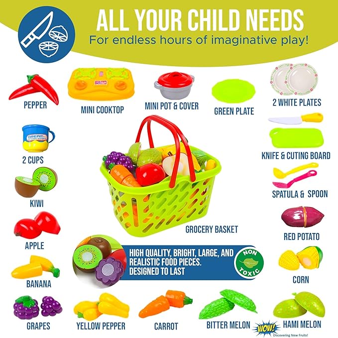 FUNERICA Durable Cuttable Play Food Grocery Shopping Basket, Kids Play Fruits and Vegetables Sets with Mini Cooking Top, Pot, Dishes, and Utensils Kids Kitchen Toys