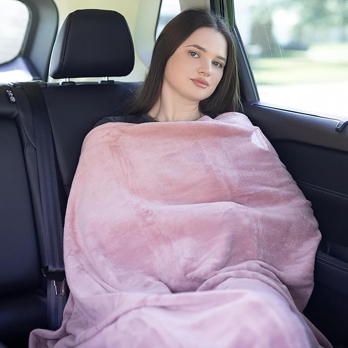 BlueHills Premium Soft Long Travel Blanket Pillow for Tall Airplane Flight Blanket 70 X48 inch Throw in Soft Bag case with Backpack Clip Compact Large Plane 2 in 1 Combo Pink T055