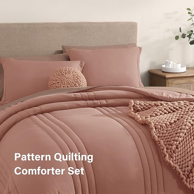 Monbix King Size Comforter Set - 7 Pieces Bed in a Bag King, Clay Pink Bedding Sets with Comforter, All Seasons Comforter Bed Set with Sheets, Pillowcases & Shams