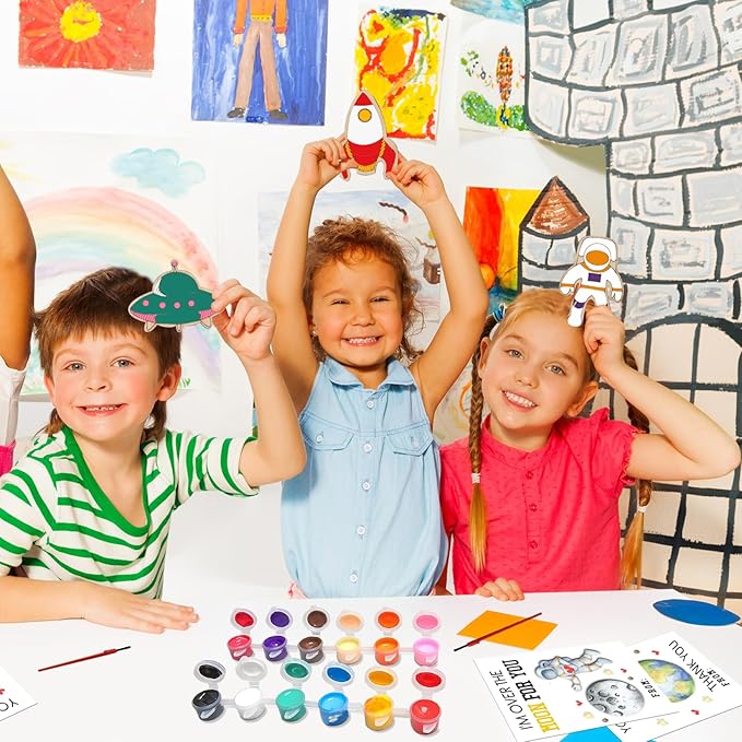 GEECOZYLIFE Thank You for Coming Gifts for Kids - 24 PCS Space Cards with Art Supplies - Space Wood Painting Craft Kits - Kids Christmas Birthday Boys Girls Gifts Bulk - Space Party Favors