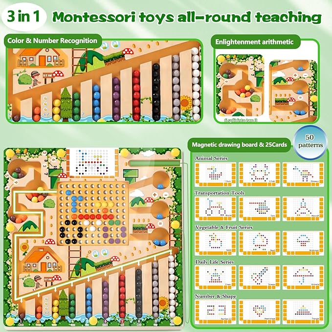 Magnetic Color and Number Maze Montessori Toys for 3+ Year Old Kids Wooden Drawing Board with Magnetic Beads Educational Learning Toys Counting Matching Toys