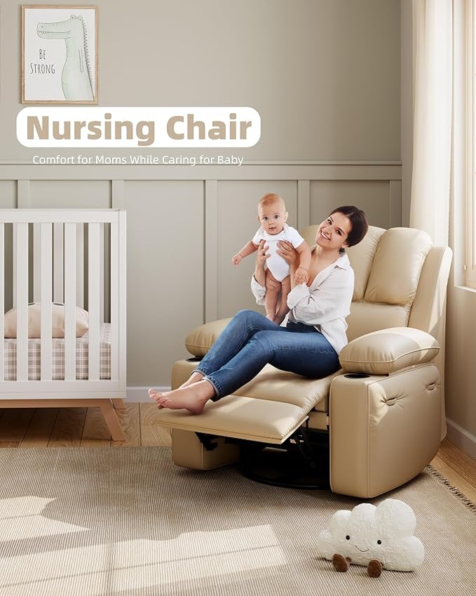 22'' Leather Recliner Chair for Adults, Overstuffed Manual Recliner Chair, Single Sofa with Cup Holder and Side Pockets, Upholstered Chair for Living Rooms, Creamy