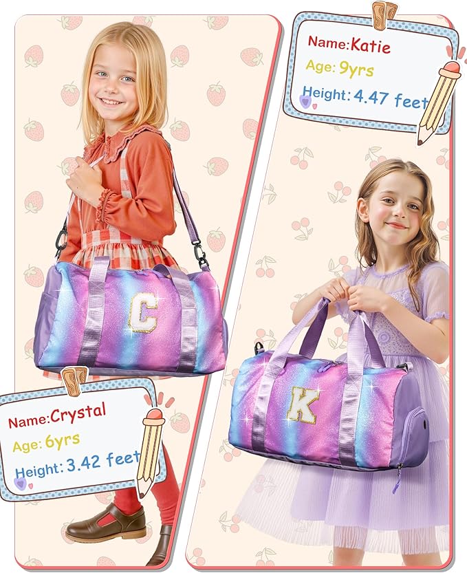 Cute Bags for Girls-Girl Gym Bag with Shoe Compartment, Kid Personalized Weekender Overnight Bags, Initial Travel Tote with Makeup Pouch, Gift for 3 4 5 6 7 Year Old Kids (Letter T)