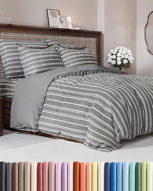 Duvet Cover Cal King Size Set - Extra Soft Cal King Size Duvet Cover 104 x 98 with 2 Pillow Shams - Hotel Luxury and Fade Free w/Zipper Closures & Ties - Comfy Breathable Bedding Set (Grey Stripes)