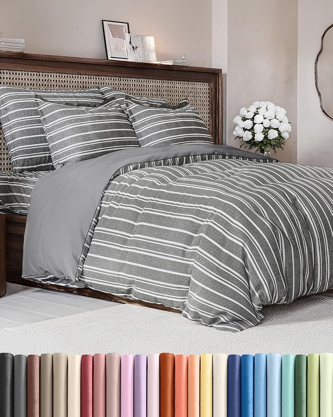 Duvet Cover Queen Size Set - Extra Soft Queen Size Duvet Cover 90 x 90 with 2 Pillow Shams - Hotel Luxury Easy Care & Fade Free w/Zipper Closures & Ties - Comfy Breathable Bedding Set (Grey Stripes)