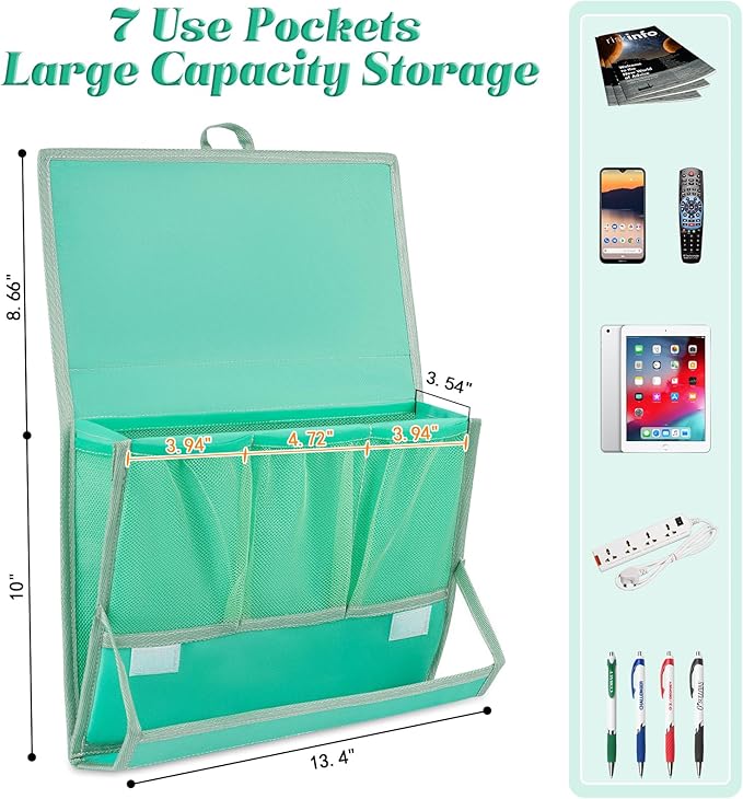 Bedside Caddy Bedside Storage Organizer Bedside Organizer with Power Strip Holder and 2 Adjustable Straps for Home Bunk Bed College Dorm Sofa (Green)
