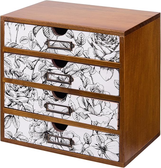 Vintage Desk Organizer with 4 Black & White Floral Drawers - Wooden Storage Shelf Drawer for Tabletop - Wood Desktop Organizing Box Cabinet - Black & White Monochrome Botanical Toile de Jouy
