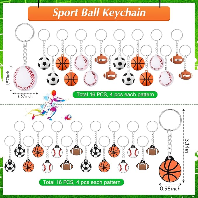 144 Pcs Sport Party Favors, Baseball Basketball Soccer Football Goodie Bag Fillers, Mini Stress Ball Stickers Whistle Keychain Charm Bracelet Wristbands Erasers for Sport Party Supplies(Sport)