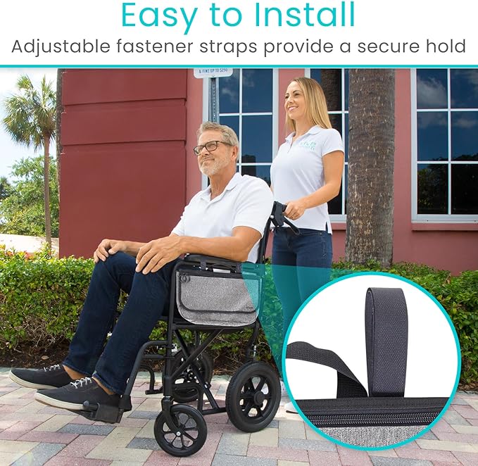 Vive Wheelchair Carry Bag - Arm Rest Pouch for Rollator, Walkers, Power Wheel Chairs and Knee Scooters - Side Storage Organizer for Elderly, Seniors, Adults (Gray)