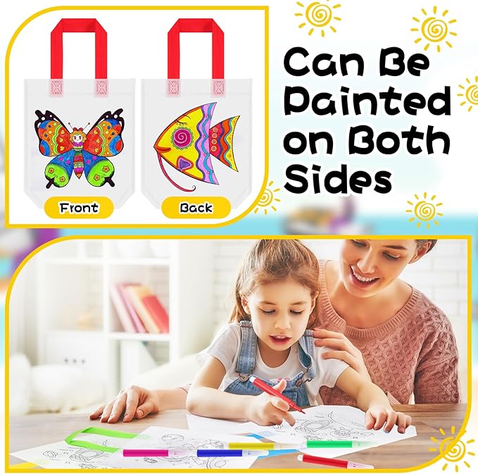Loccmat 48 Pcs Coloring Goodie Bags for Kids,Reusable Art Party Favor Bags,Non Woven Coloring Totes,Color Your Own Bag,Graffiti Goodie Bags,Birthday Party Favor Bags (22 Styles,240 Colorful Pens)