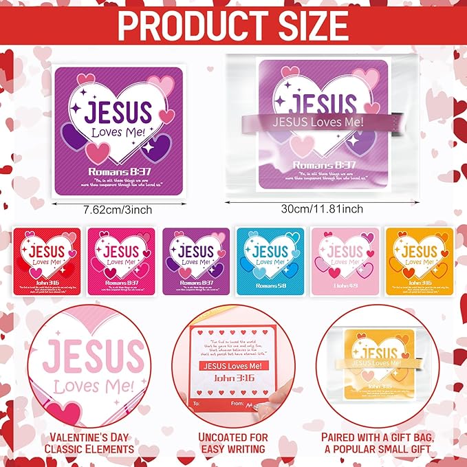48 Sets Religious Valentine's Day Wristbands Jesus Loves Me Wristband Christian Valentine's Day Friendship Clasp Wristbands with Exchange Cards for Sunday Party Favor Prize