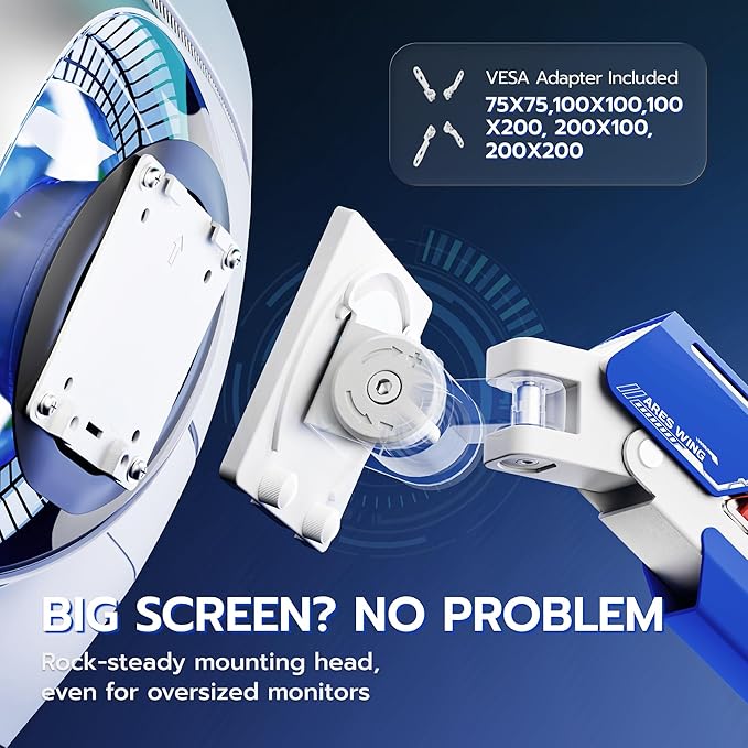 ARES WING Heavy Duty Ultrawide Monitor Arm - Gas Spring Aluminum Monitor Mount with USB for 24"-57" Curved Screens up to 66 lbs with Clamp/Grommet Desk Mount, 75/100/200 Vesa Mount, White