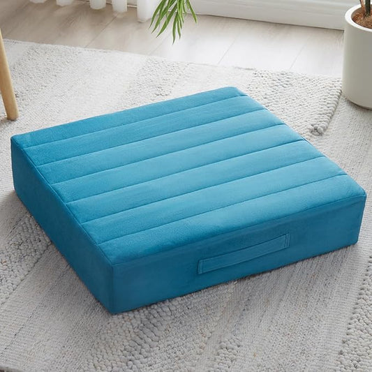 22 inches Floor Pillow for Adults - Large Meditation Cushion with Thick Foam & Soft Tufted Cover - Premium Outdoor Square Floor Cushion Seat - Yoga Pillow for Sitting On Floor - Peacock Blue