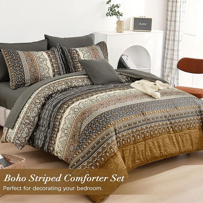 Cottolester Boho King Comforter Set 8 Pieces,Brown Black Bohemian Comforter Paisley Striped Bed in A Bag,Soft Microfiber Bedding Set for All Season
