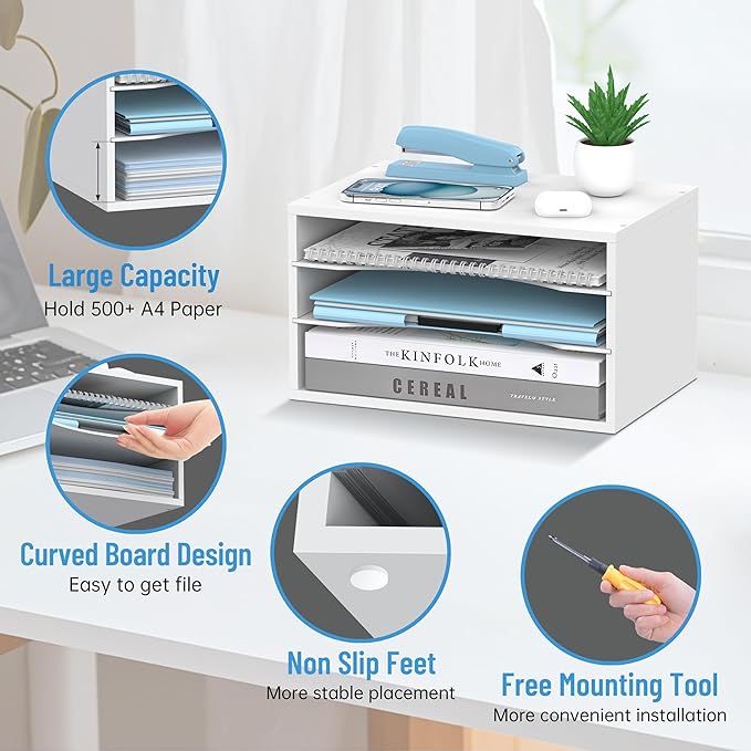 Wood Desk Organizer, 3 Tier Paper Tray Organizer for Desk with Adjustable Storage Shelves, Desktop File Organization Paper Sorter Mail Holder for Office Home Classroom, White