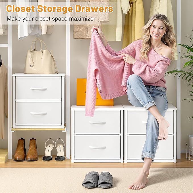 Stackable Storage Drawers, White Closet Organizer with Wooden Top & Metal Frame, Closet Storage Drawers for Clothes, Freestanding or Stackable Dresser for Bedroom, Living Room, Under Bed
