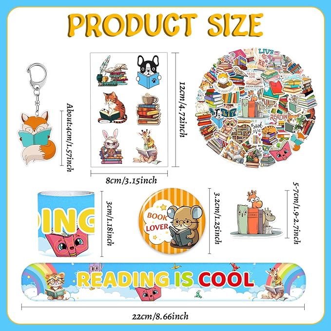 98 PCS Reading Book Party Favors, Reading Book Temporary Tattoos Slap Bracelets Stickers Badges Keychains for Reading Book Birthday Party Decorations Supplies for Kids Boys Girls Book Lovers