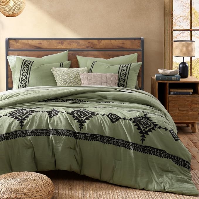 MaiRêve Embroidery Comforter Sets Full Size, Light Olive Green Western Boho Bedding Set 7 Pieces, Farmhouse All Season Bed in A Bag Comforter Set with Sheets, Pillowcases & Shams
