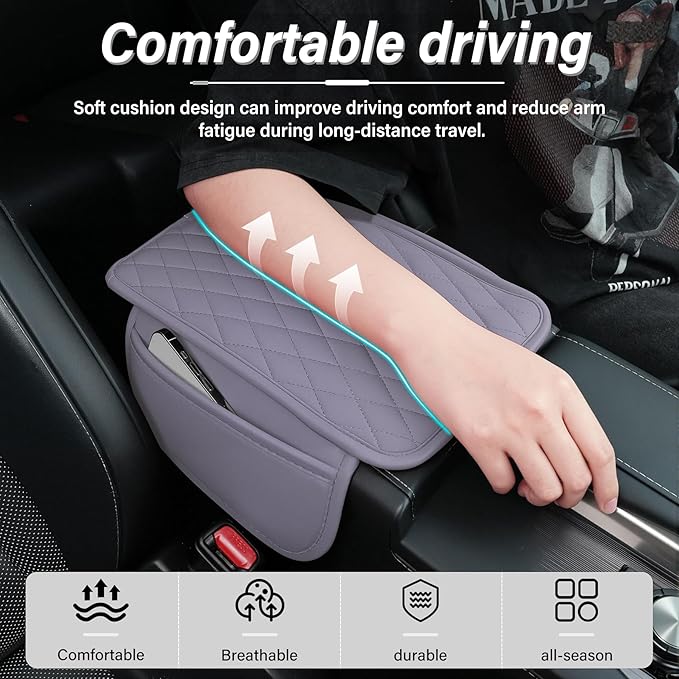 Amiss Car Center Console Cover, Upgraded Leather Car Armrest Cushion with 2 Storage Pockets, Universal Waterproof Cushion Pad, Non-Slip Car Interior Accessories, Fits Most Sedans SUVs Trucks (Purple)