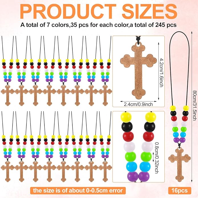 16 Set DIY Wooden Cross Necklaces Christian Crafts DIY Cross Necklace with Colorful Assorted Beads for Sunday Crafts Men Women