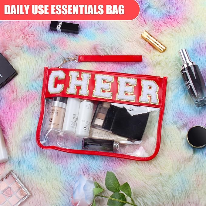 BuyCard Cheer Chenille Letter Bags Clear Makeup Bag, Cheerleader Gifts Cosmetic Bag, Varsity Preppy Patch Flat Pouch Cheer Accessories, Waterproof PVC Organizer Toiletry Bag for Women Girls Red
