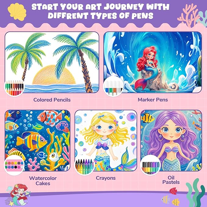 homicozy Art Supplies, Mermaid Drawing & Coloring Set with Crayons, Colored Pencils, Markers, Sketchbook, Watercolor Cakes, Stencils, Arts and Crafts Painting Kit for Kids Ages 4-10, Girls Boys Gift