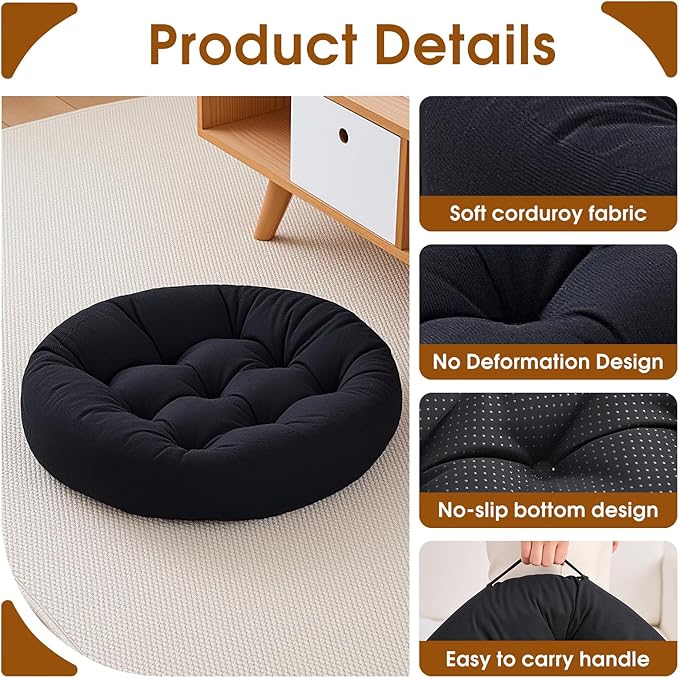 2Pcs Floor Pillows for Adults, 22x22 Inch Meditation Cushions, Large Round Sitting Cushion Living Room Memory Foam Pillow for Sitting (4, Black, 22x22x4 Inch)