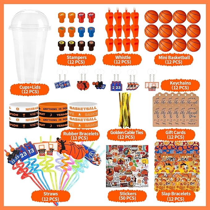 Basketball Party Favors 170 Pcs Basketball Birthday Party Decoration With Cups Straws Slap Bracelets Whistles Stress Balls Wristbands Keychains Stamps Stickers Thank you Tags (Basketball)