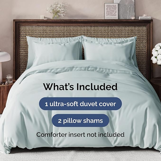 CGK Unlimited Duvet Cover Queen Size Set - Extra Soft Queen Size Duvet Cover 90 x 90 with 2 Pillow Shams - Hotel Quality w/Zipper Closures & Ties - Bedding and Bed Linens Set (Ice Blue)