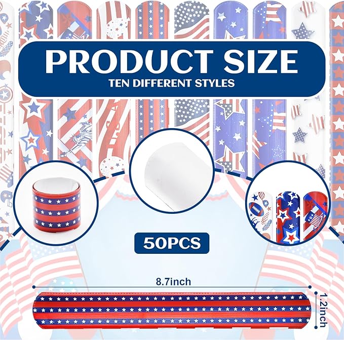 48 Pieces American Flag Slap Bracelets Bulk - 10 Assorted Designs Patriotic Snap Bands, USA Themed Party Favors for Kids and Adults, Fourth of July Accessories, Goodie Bag Fillers, Classroom Prizes