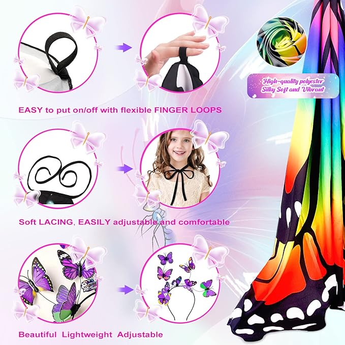 Butterfly Wings For Girls, Double-Sided Fairy Wings, Halloween Costumes for Kids, 3PCS Butterfly Cape Set.