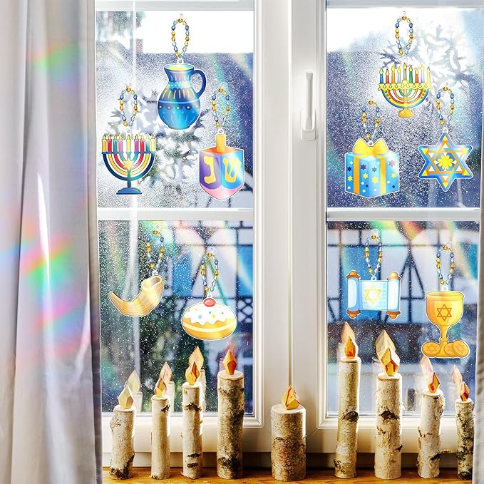 30 Set Hanukkah Craft Kit Chanukah Suncatchers Kits Window Art Menorah Dreidel DIY Make Your Own Paint Suncatcher Ornaments for Jewish Hanukkah Art Craft Activity