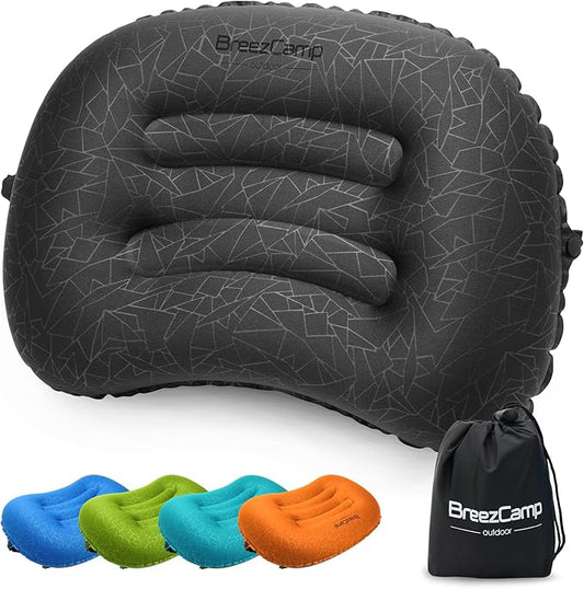 BreezCamp Inflatable Camping Pillow, Travel Blow Up Air Pillow, Neck Lumbar Support Ultralight Compact Pillow for Outdoor Hiking Backpacking Car Beach Airplane Sleeping Essentials, Black
