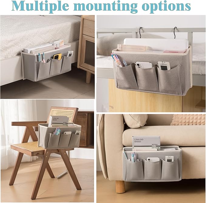 Bedside Caddy / Bedside Storage Organizer Hanging Bag with Three Options,Suitable for home beds, sofas, and dormitory beds—can hold magazines, books, phones, iPads, remote controls. (2-Pack Gray)