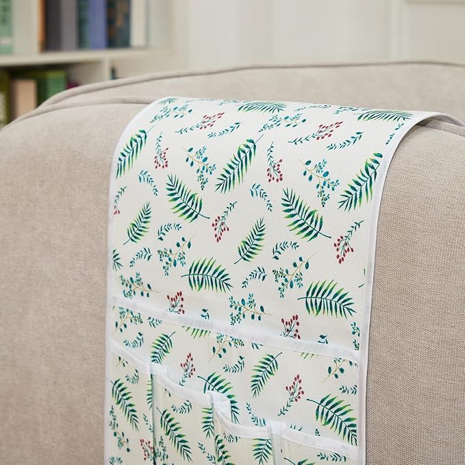 FLYILY Sofa Armrest Organizer Non-Slip Arm Chair Hanging Caddy Remote Control Holder for Magazine,Tablet, Phone, Books, Glasses(GreenLeaf,13in)