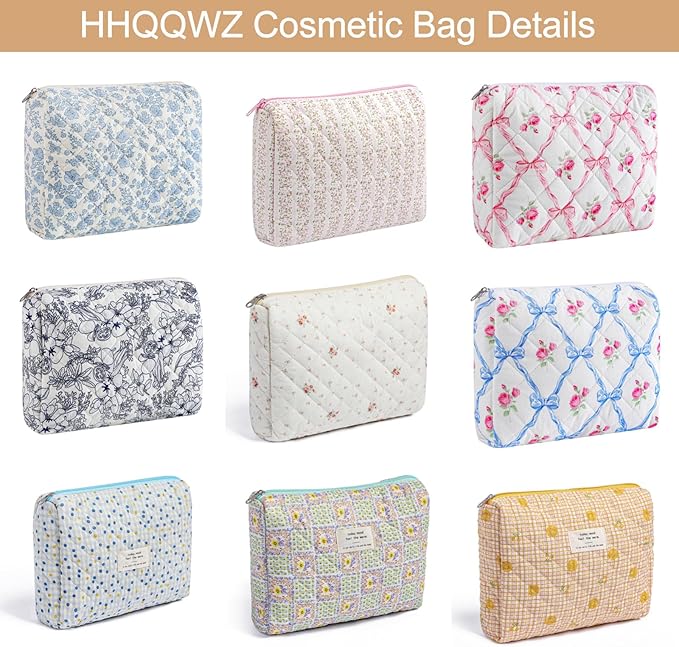 HHQQWZ Makeup Bag Travel Cosmetic Bag for Women Girls, Zipper Make Up Pouch, Floral Flowers Toiletry Organizer Makeup, Portable Storage Cosmetic Travel Cloth Bag (L/Blue Bowknot)