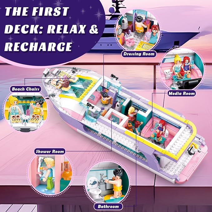 Friends Pink Yacht for Girls 8-12, Cruise Ship Building Toys with 8 Minifigures & 2 Boats, Compatible with Lego Friends Girls Ship, Gifts for Kids Girls Ages 8+, 1108 PCS