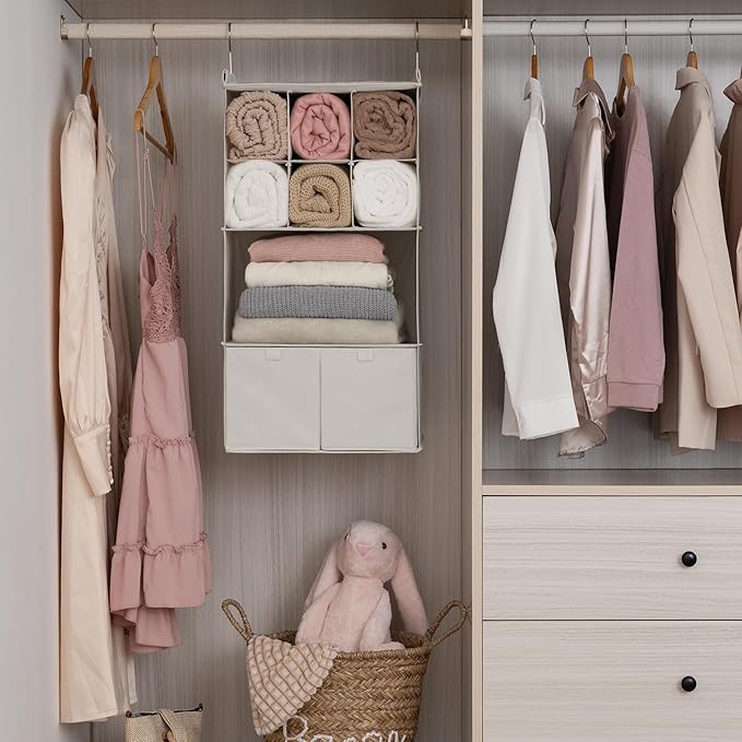 GRANNY SAYS Hanging Closet Organizer with Drawers, 4 Shelf Dividers Closet Hanging Organizer, Foldable Hanging Shelves for Clothes Organizer, Small Closet Organizers and Storage, Beige