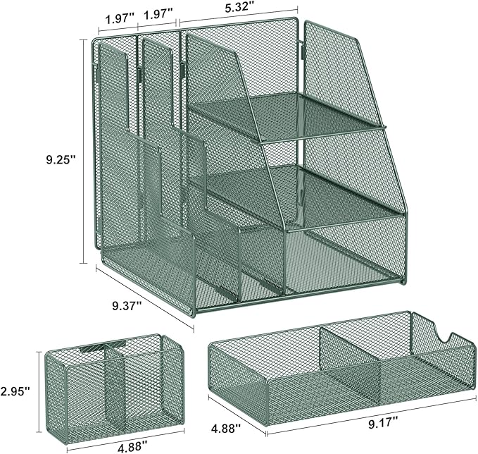 Marbrasse Desk Organizer and Accessories, 3-Tier File Organizer with Drawer and Pen Holder, Small Desktop Organizer and Storage for Workspace Office Supplies Green