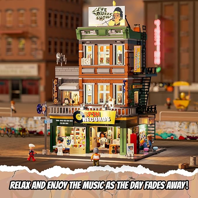FUNWHOLE Record Store Lighting Building Bricks Set - Street Fusion City Town Audio Shop Multi-Form Modular Collection Kit 1980 Pcs for Adults & Teen & Music Lovers