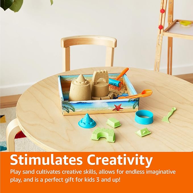 Amazon Basics 3lbs Moldable Sensory Play Sand with Castle Molds and Tool Set, for Kids Ages 3 and Up, Medium, Natural Sand, 11 Count (Pack of 1)