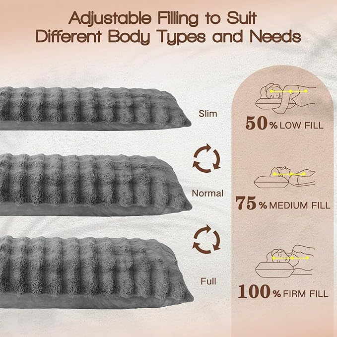 YZ HOME Faux Fur Fluffy Body Pillow for Adults - Firm Body Pillow Insert with Shredded Blue Memory Foam, Adjustable Height, Soft Support for Side Sleepers, Pregnant Women, Washable, 20x54 Inch (Grey)